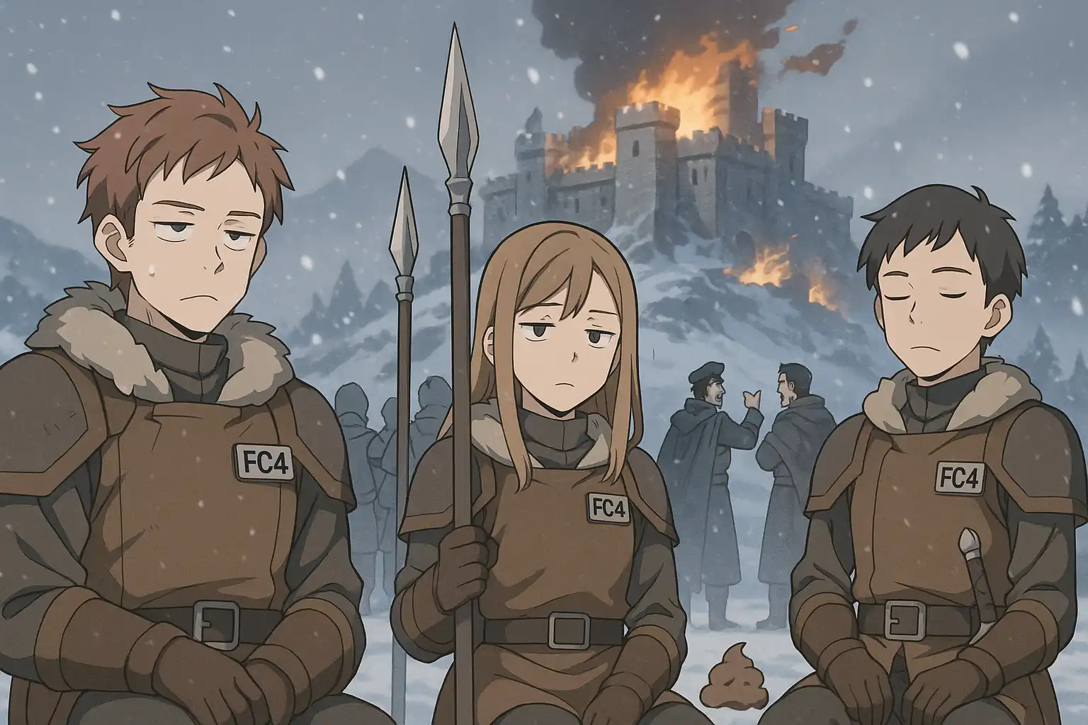 Anime-style HAVOC fighters in mid-rally formation looking confused and frustrated while higher-ranked commanders argue in front of a collapsing snowy fortress.